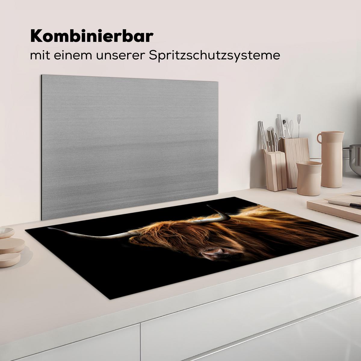 HERDABDECKPLATTE Schottischer Highlander - Hörner - Schwarz - Tiere - Natur - Wild - Kuh Induktionsschutz 91.2x52 cm - Cognac, Kunststoff (91.2/52/0.2cm) - MuchoWow