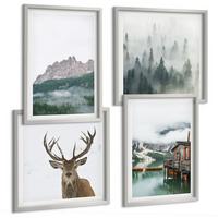BILDER SET 4er Set - 50x50 cm & 40x60 cm Silberner Rahmen - Berge, See, Hirsche, Hütte, Nebel - Silberfarben, Kunststoff (50/50cm) - TULUP
