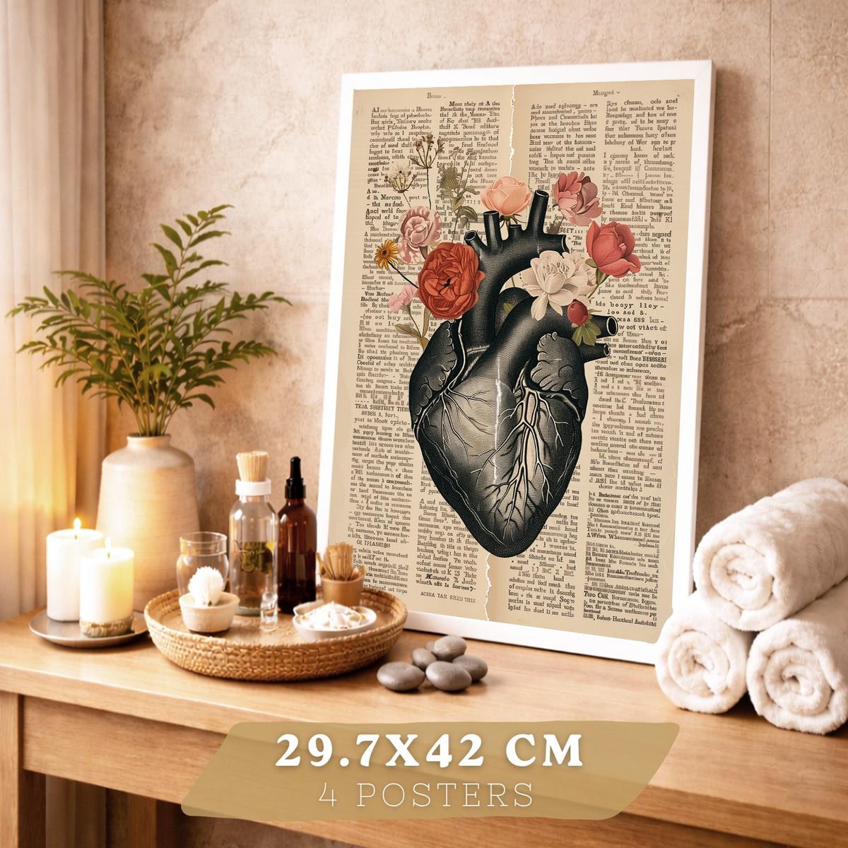 POSTER Set aus 4 Anatomie Drucke und Wandbilder mit Herz Gehirn Skelett und Darm Antiker Hintergrund Wanddekoration Größe Weißer Rahmen A3 - Weiß, Papier (29.7/42/3cm) - Nacnic