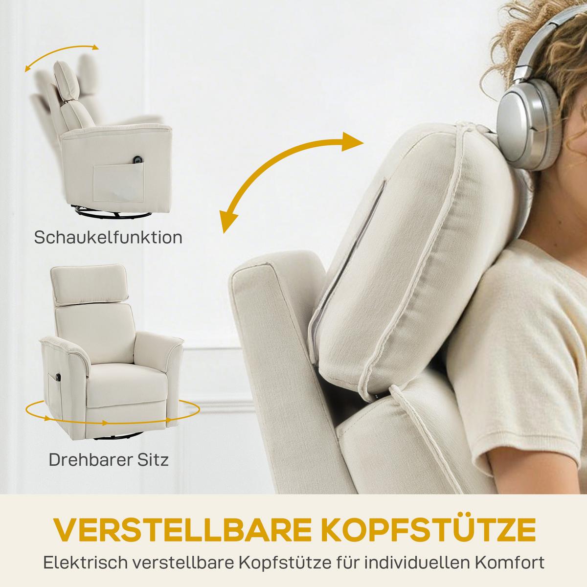 RELAXSESSEL Elektrisch mit Liegefunktion, Verstellbare Rückenlehne, Kopfstütze - Creme, Holzwerkstoff/Textil (78/105/91cm) - HOMCOM