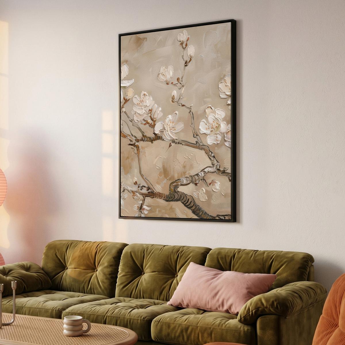 LEINWAND Bilder mit Rahmen - Blumen - Modern - Beige - Weiß - Blüte - 80x120 - Beige, Textil (80/120cm) - MuchoWow