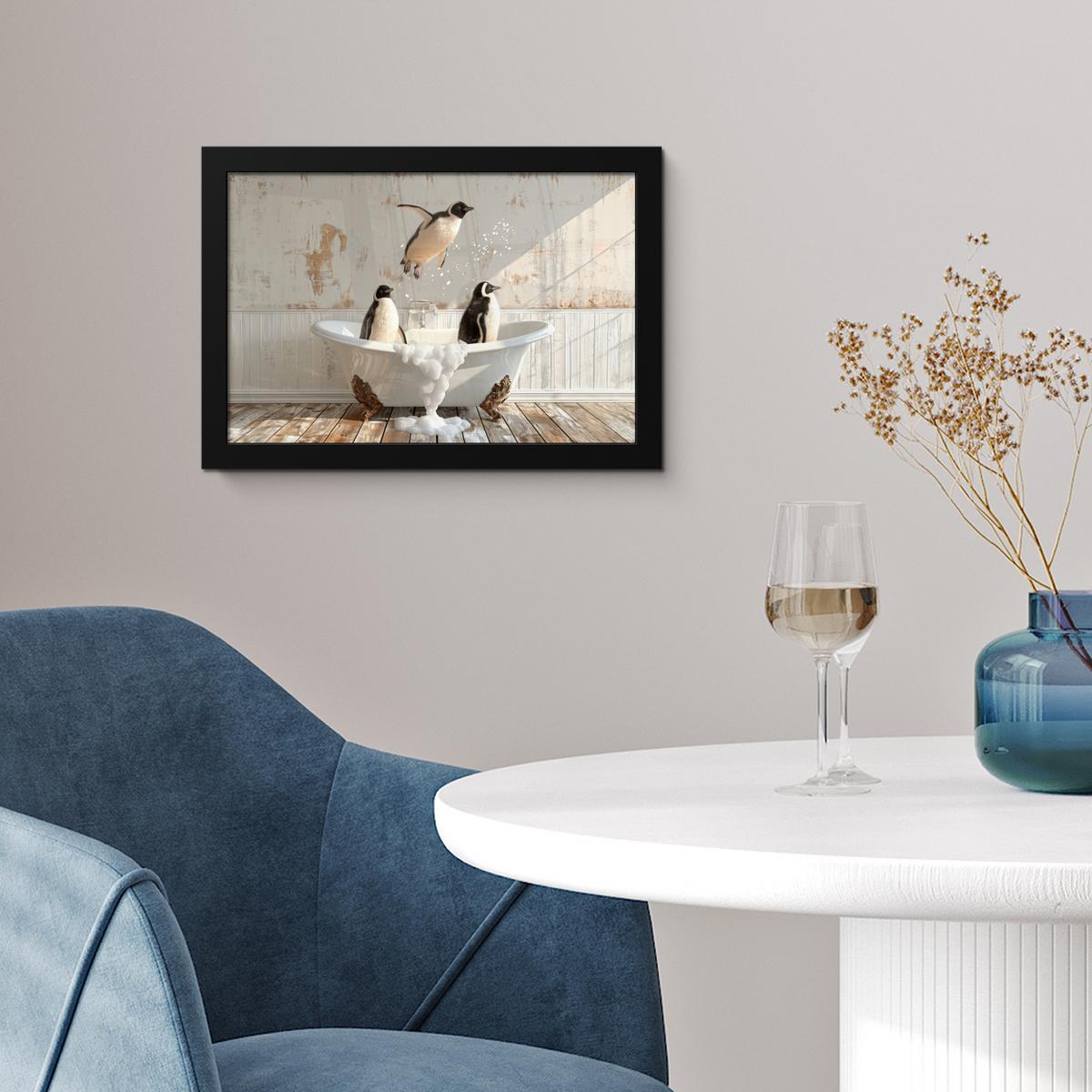 POSTER MIT RAHMENGERAHMTES BILD Vintage - Pinguin - Badewanne - Schaumstoff 30x20 cm - Schwarz, Papier (30/20cm) - MuchoWow