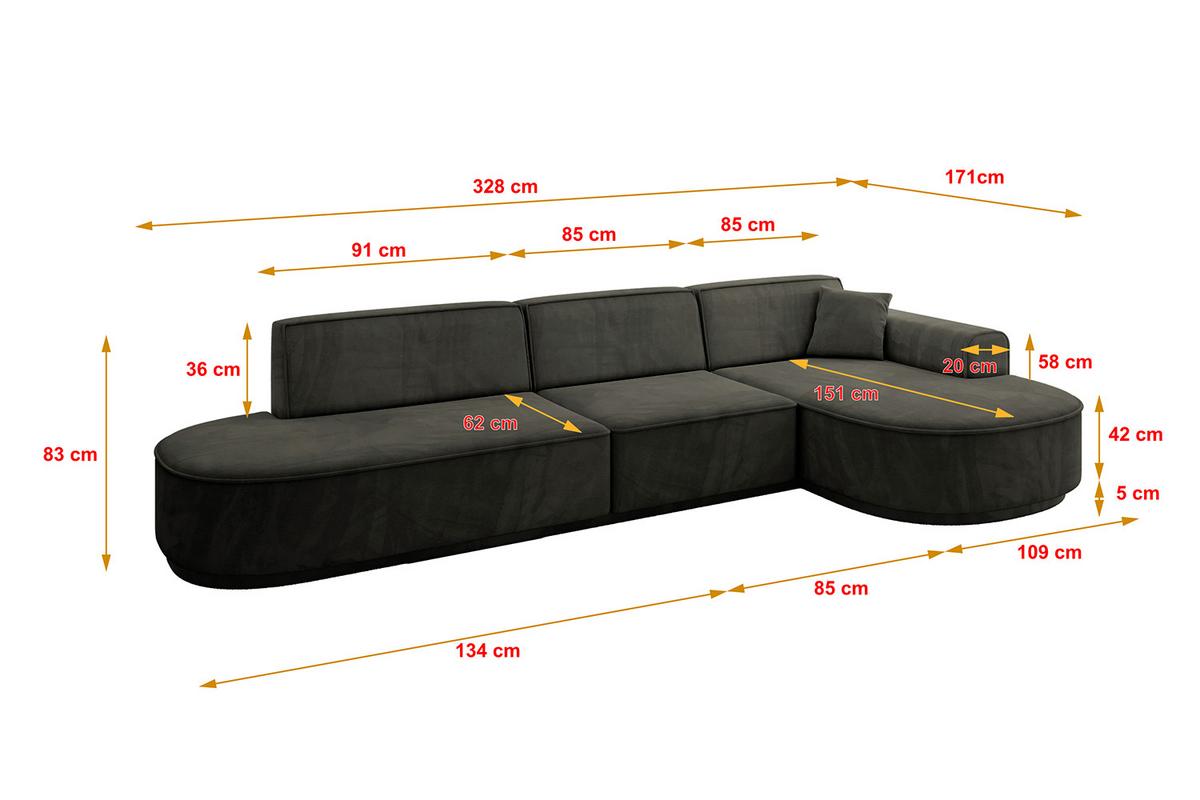 ECKSOFA Ottomane Rechts MARI-L2-v3 - 328x171x83 cm Schwarz Velours - Schwarz, Holzwerkstoff/Kunststoff (171/328cm) - ALTDECOR