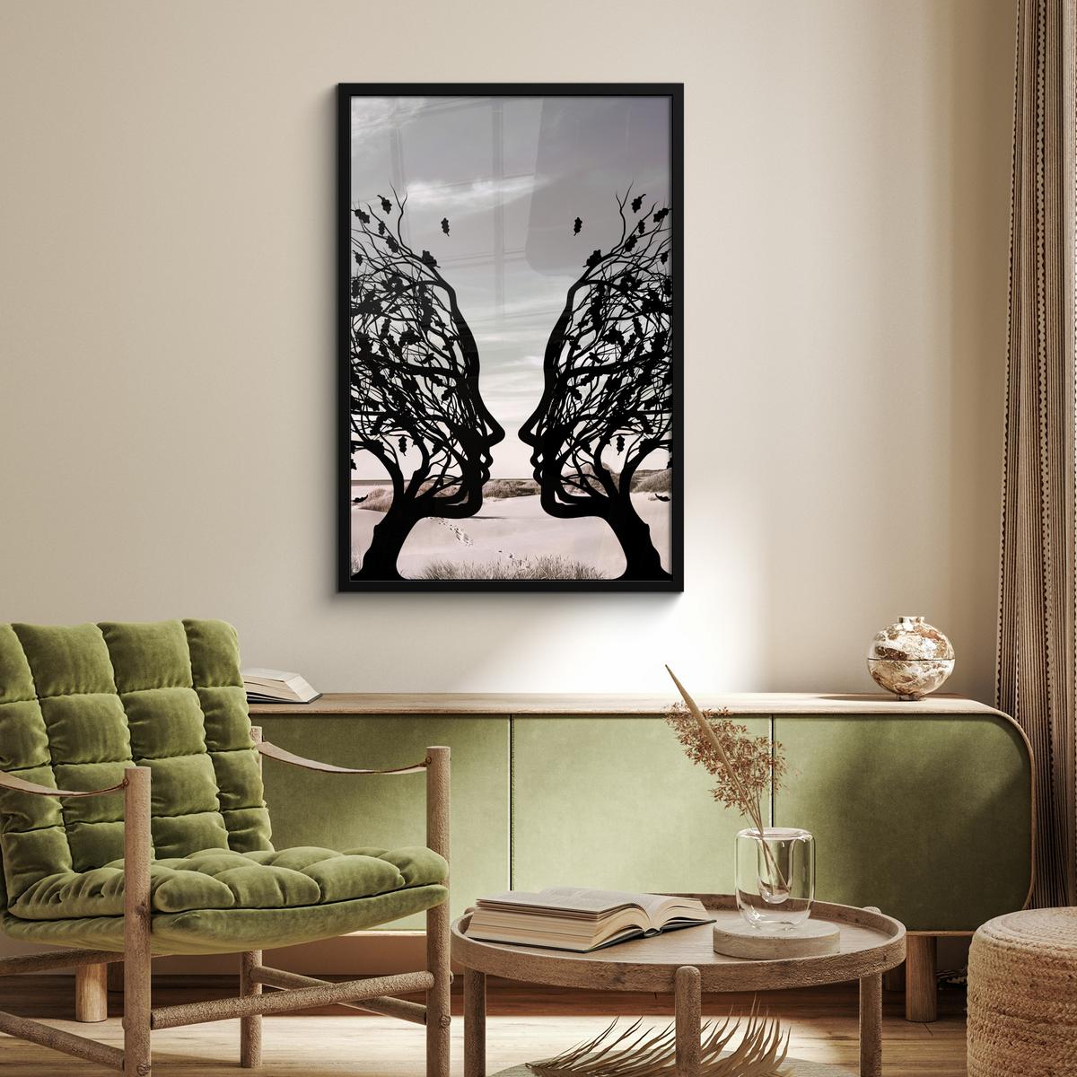 POSTER MIT RAHMENGERAHMTES BILD Strand - Meer - Menschen - Baum - Moderne Kunst 60x90 cm - Hellgrau, Papier (60/90cm) - MuchoWow