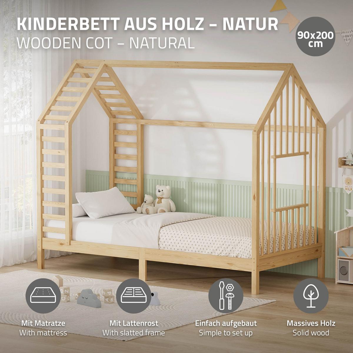 KINDERBETT 90x200 cm mit Matratze Lattenrost & Dach Hausbett aus massivem Kiefernholz Natur - Naturfarben, Holz (90/200cm) - ML-DESIGN