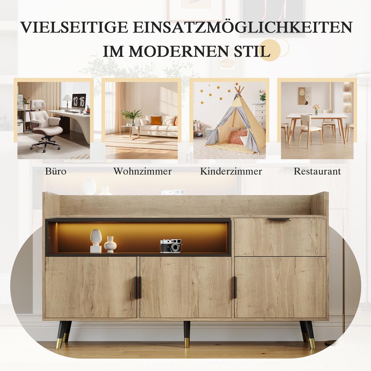 SIDEBOARD 160 cm Naturholz & Schwarz mit offenem Regal, Schublade & Türen im modernen Stil - Naturfarben, Holzwerkstoff (160/82/35cm) - Urban Meuble