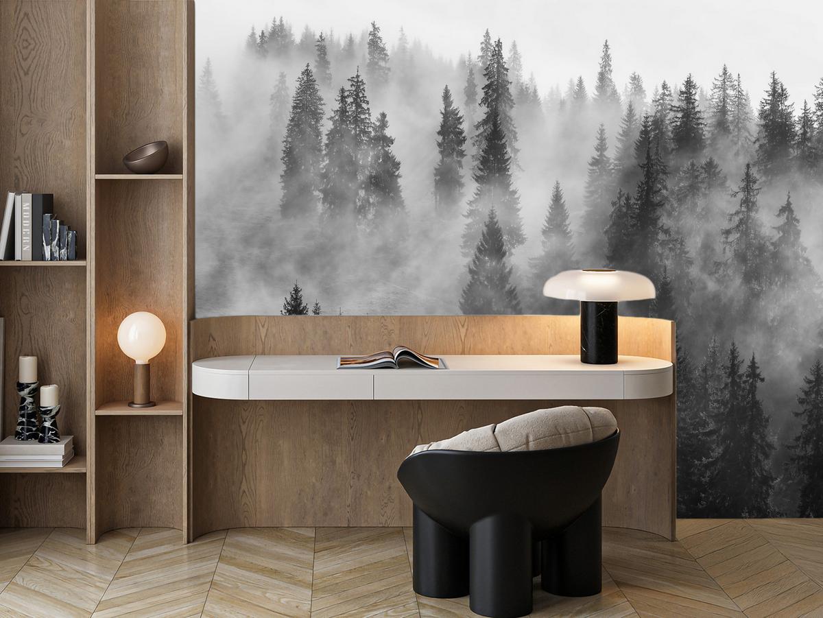 FOTOTAPETE Schwarz-weißer Wald im Nebel Natur 150x105 - Schwarz/Grau, Papier (150/105cm) - Muralo