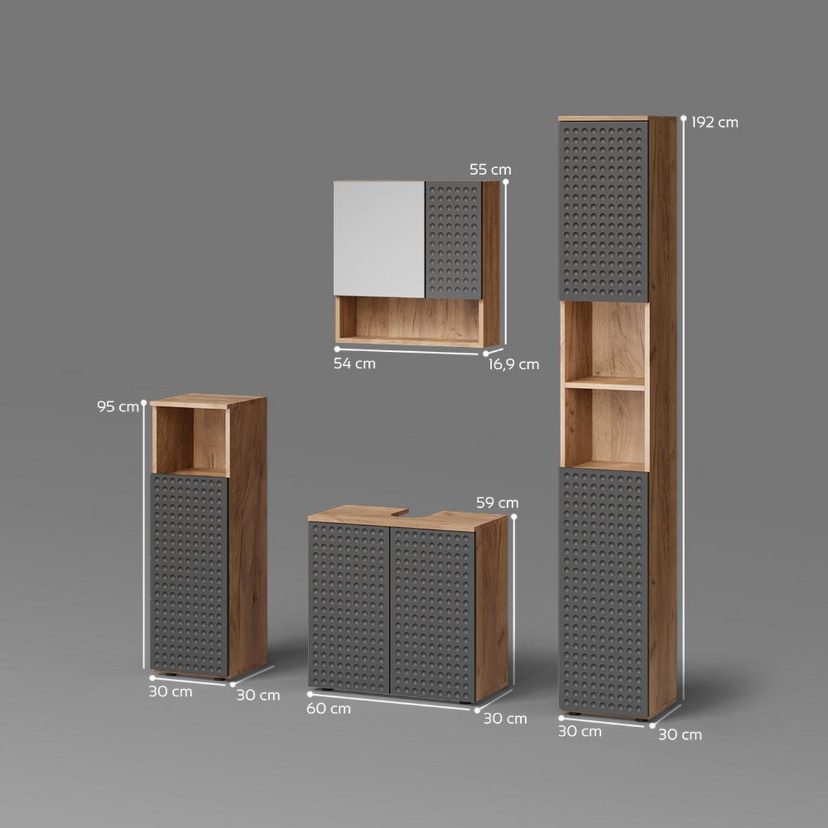 BADMÖBEL-SET Ronco Anthrazit gepunktet 4 Teile, mit Hochschrank - Anthrazit, Holzwerkstoff (80/58.6/41cm) - Livinity®