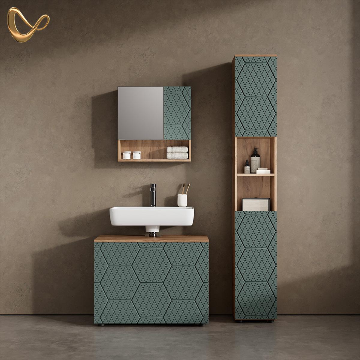 BADSPIEGELSCHRANK Ronco Grün/Goldkraft Eiche 54 x 55 cm - Honigeiche/Grün, Holzwerkstoff (54/55/17cm) - Livinity®