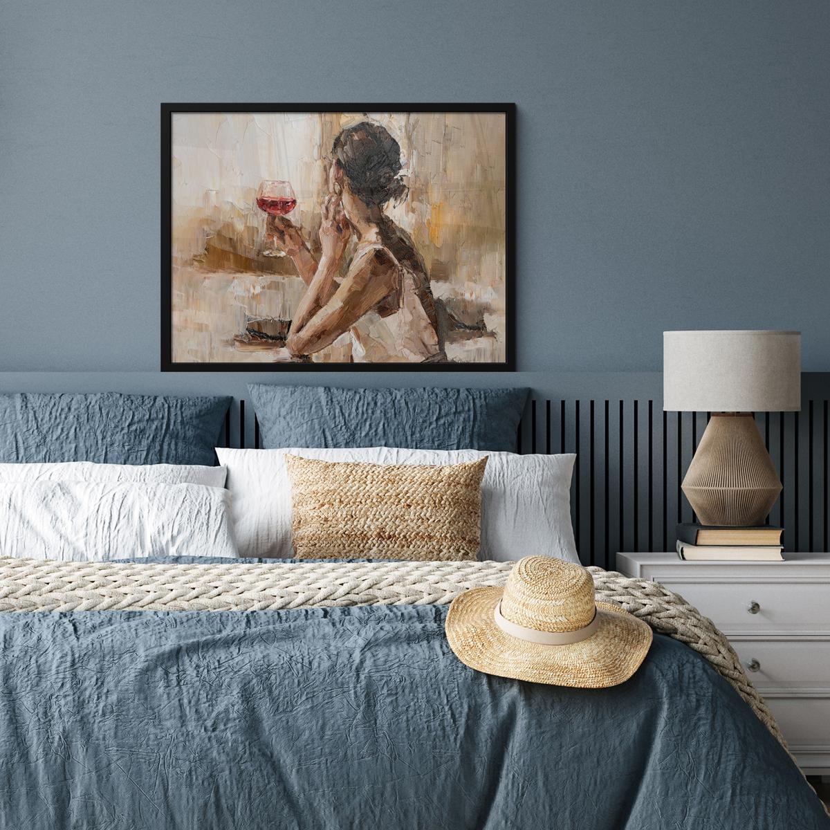 POSTER MIT RAHMENGERAHMTES BILD Ölgemälde - Frau - Wein 80x60 cm - Hellbraun, Papier (80/60cm) - MuchoWow