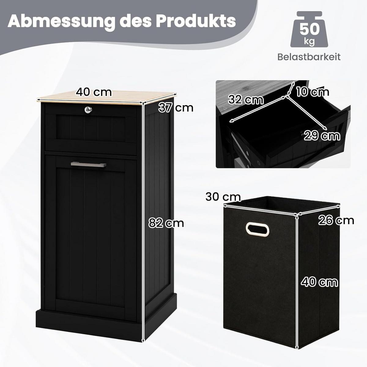 WÄSCHESCHRANK mit Wäschekorb Schwarz - Schwarz, Holzwerkstoff (40/82/37cm) - COSTWAY