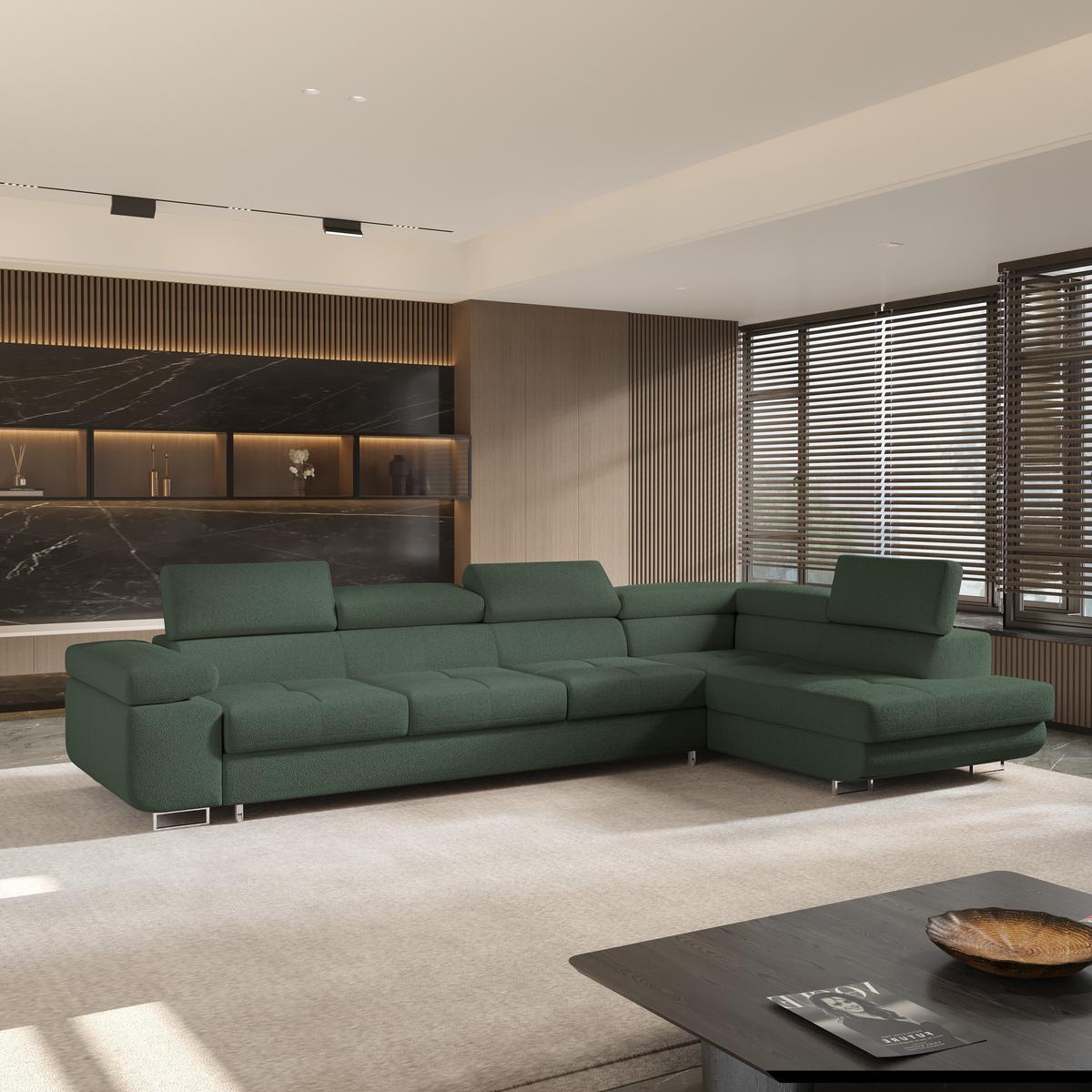 ECKSOFA VICENTE Grün Boucle-Stoff mit Schlaffunktion - Grün, Holz (346/202cm) - MASSENO
