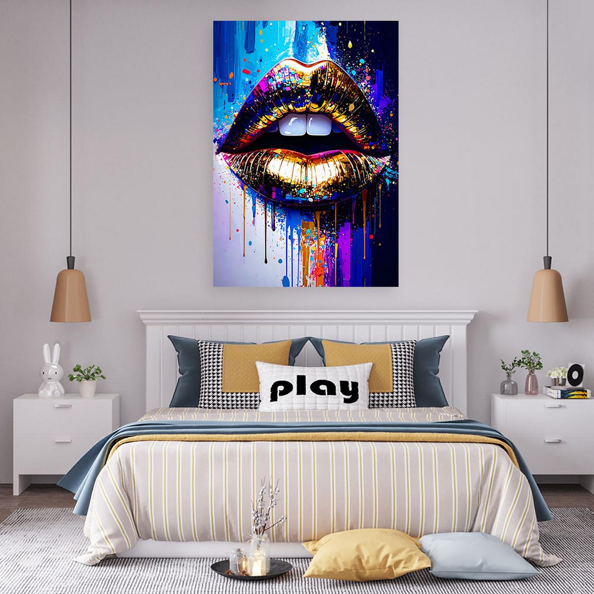 LEINWANDBILD Abstrakt goldene Lippen Glamour 60x90cm - Multicolor, Textil (60/90cm) - Feeby