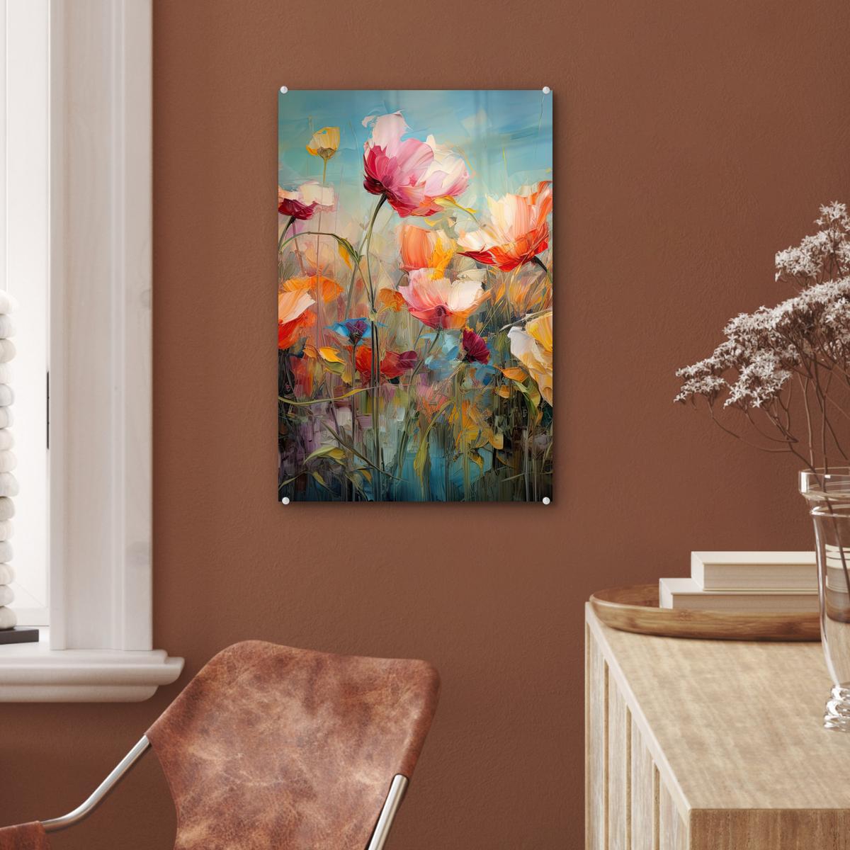 ACRYLGLASBILD Blumen - Aquarell - Kunst - Botanisch - Natur Wanddeko Wohnzimmer 40x60 cm - Orange, Glas (40/60cm) - MuchoWow