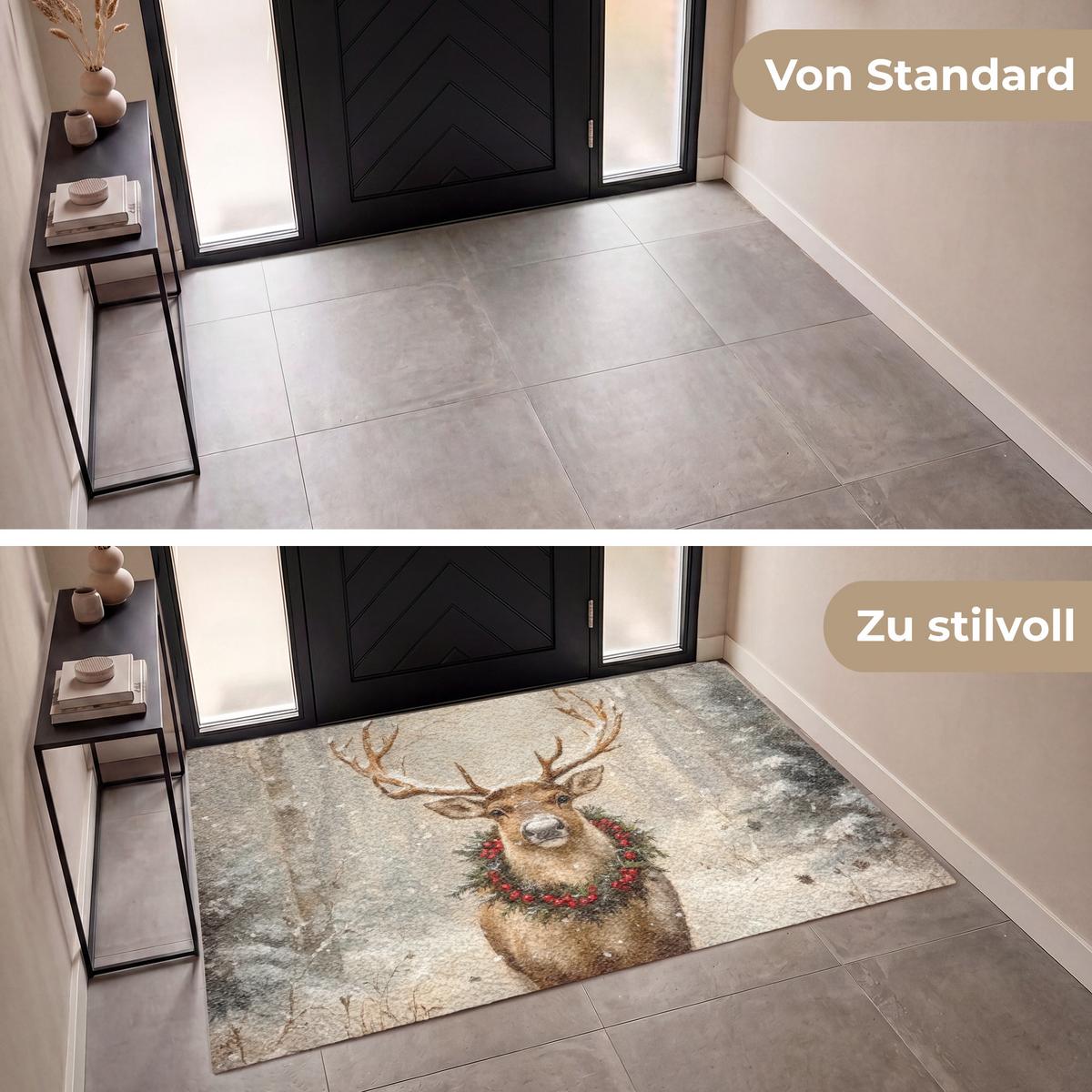 FUSSMATTE Weihnachten - Rentier - Winter - Kranz Flurteppich 180x120 cm - Braun, Kunststoff (180/0.4cm) - MuchoWow