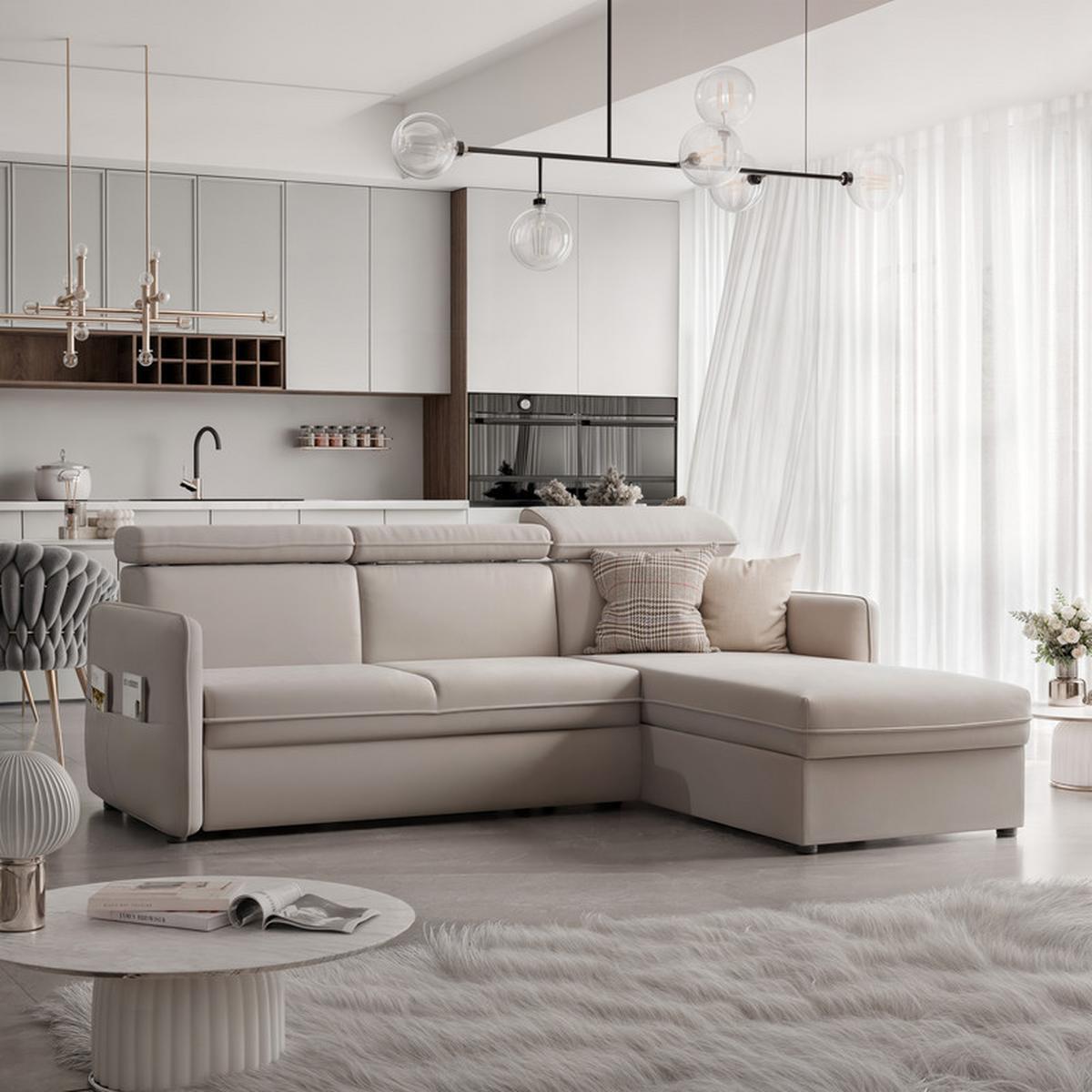 ECKSOFA BENI mit Schlaffunktion und Bettkasten, Stoff Creme - Creme, Kunststoff/Textil (220/160cm) - Idohome
