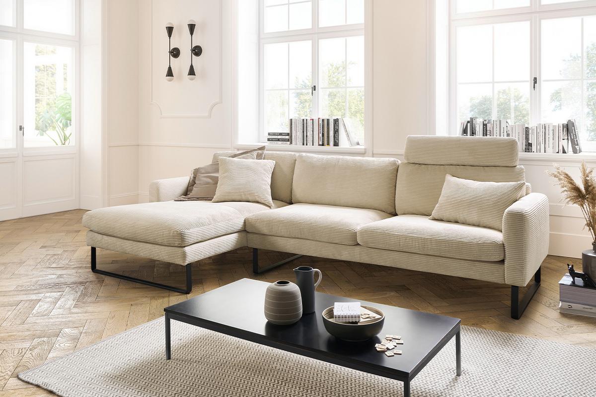 ECKSOFA RICARDA Cremeweiß Cord - Creme/Schwarz, Textil/Metall (298/154cm) - KAWOLA
