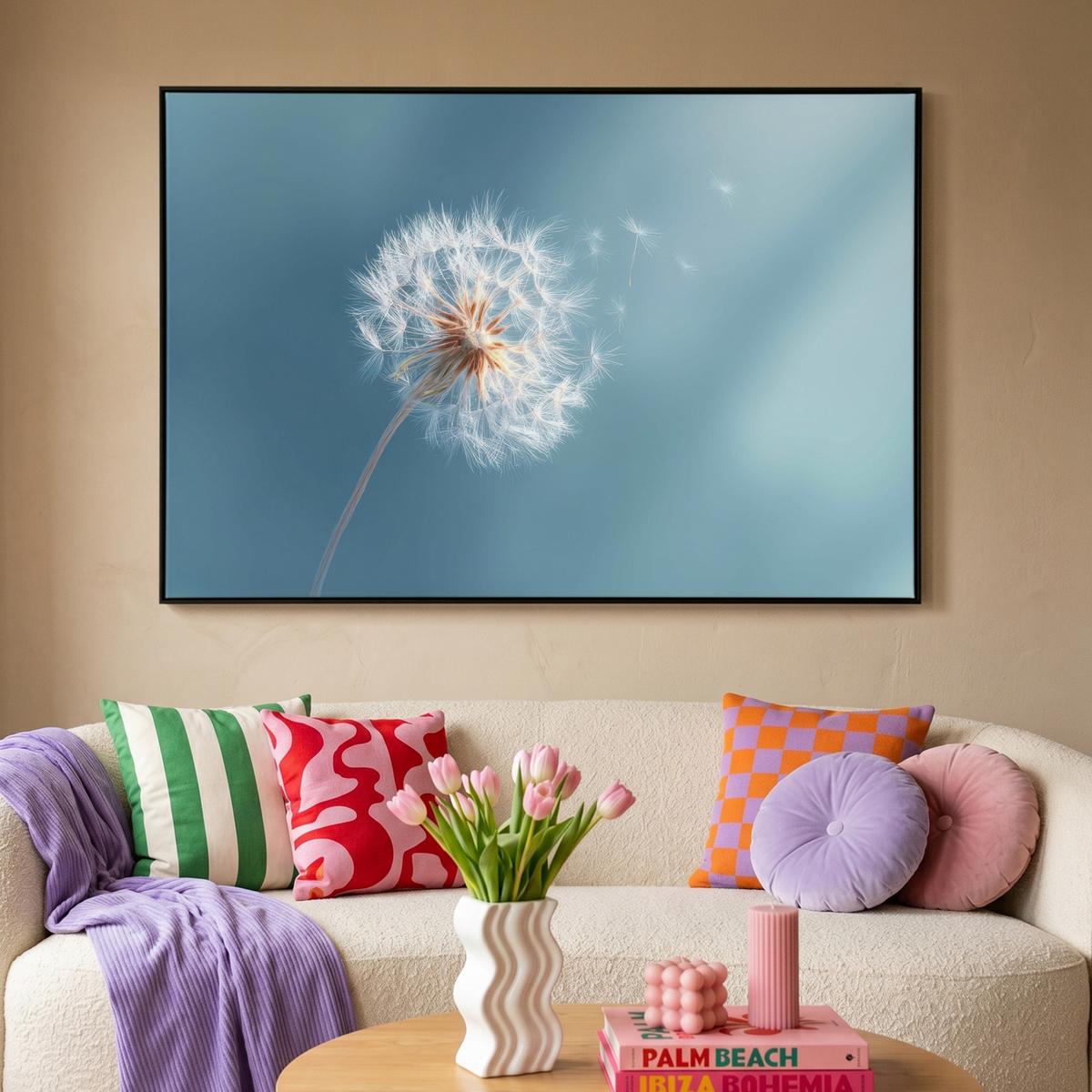 LEINWAND Bilder mit Rahmen - Löwenzahn - Wind - Blau - 150x100 - Blaugrau, Textil (150/100cm) - MuchoWow
