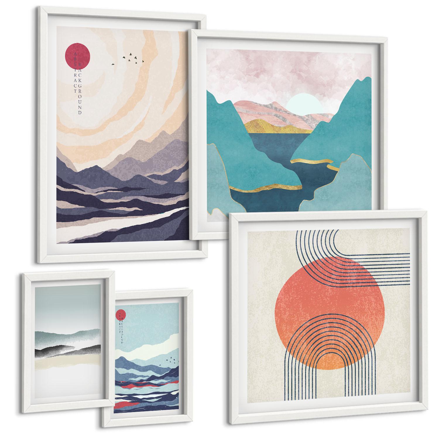 BILDER SET 5er Set - 50x50 cm & 20x30 cm & 40x60 cm Weißer Rahmen - Farbenfrohe Muster der Japandi-Flussberge - Weiß, Kunststoff (40/60cm) - TULUP