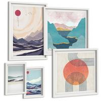 BILDER SET 5er Set - 50x50 cm & 20x30 cm & 40x60 cm Weißer Rahmen - Farbenfrohe Muster der Japandi-Flussberge - Weiß, Kunststoff (40/60cm) - TULUP