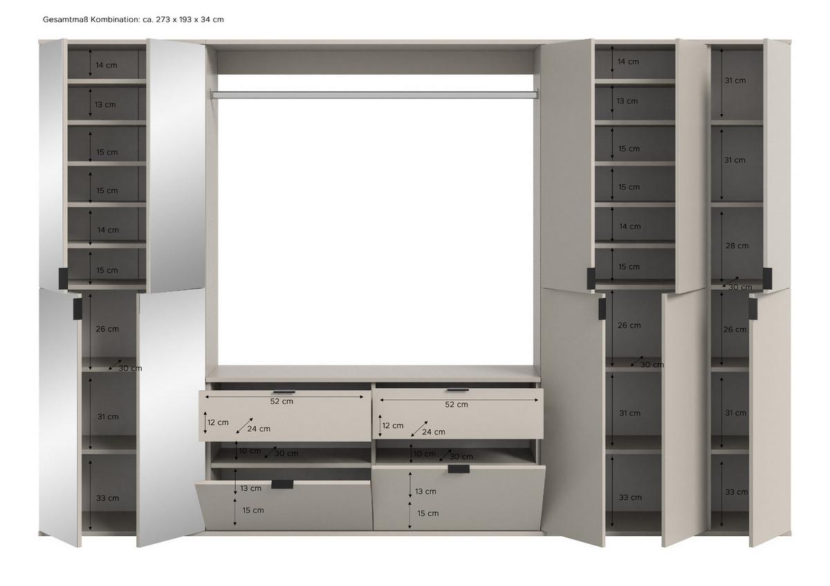 GARDEROBEN-SET Kaschmir 273 x 193 cm, Garderobenschrank mit Spiegel - Kaschmir/Schwarz, Glas/Holzwerkstoff (273/193/34cm) - Inn.Furn