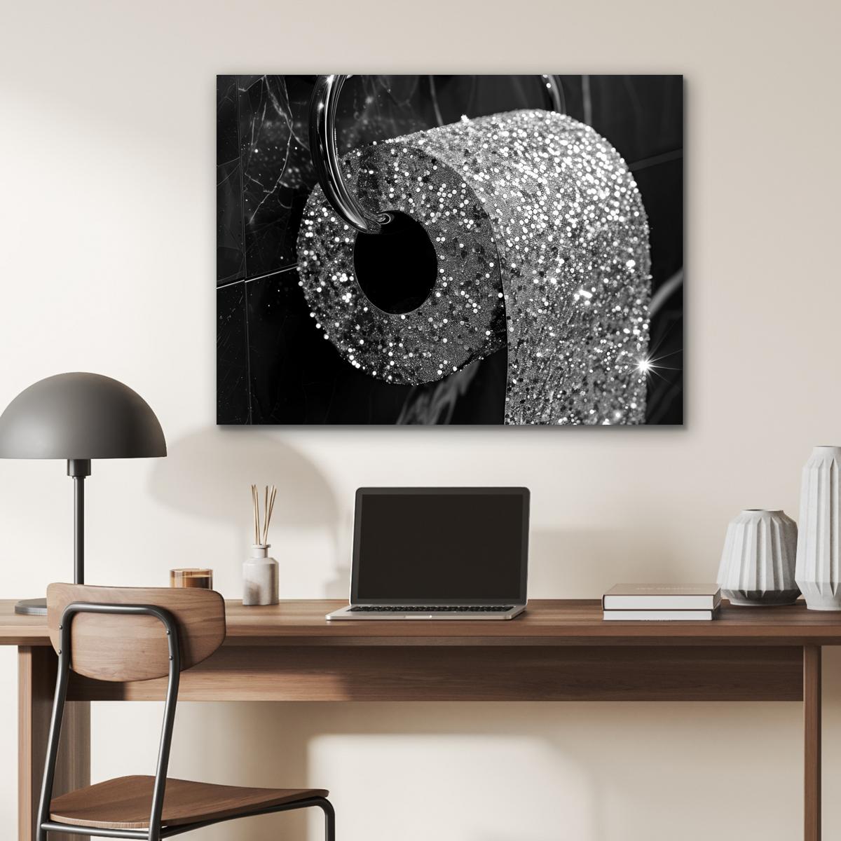 METALLBILD WC - Toilettenpapier - Schwarz und weiß - Glitter 80x60 cm - Silberfarben, Metall (80/60cm) - MuchoWow