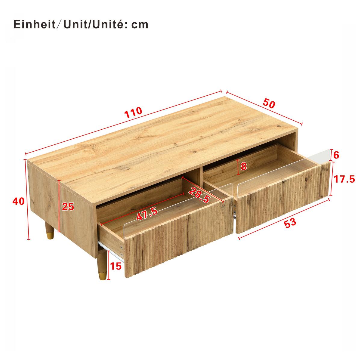 COUCHTISCH mit LED-Beleuchtung Eiche Nachbildung und 2 Schubladen - Schwarz, Holzwerkstoff/Metall (50/110/40cm) - Urban Meuble
