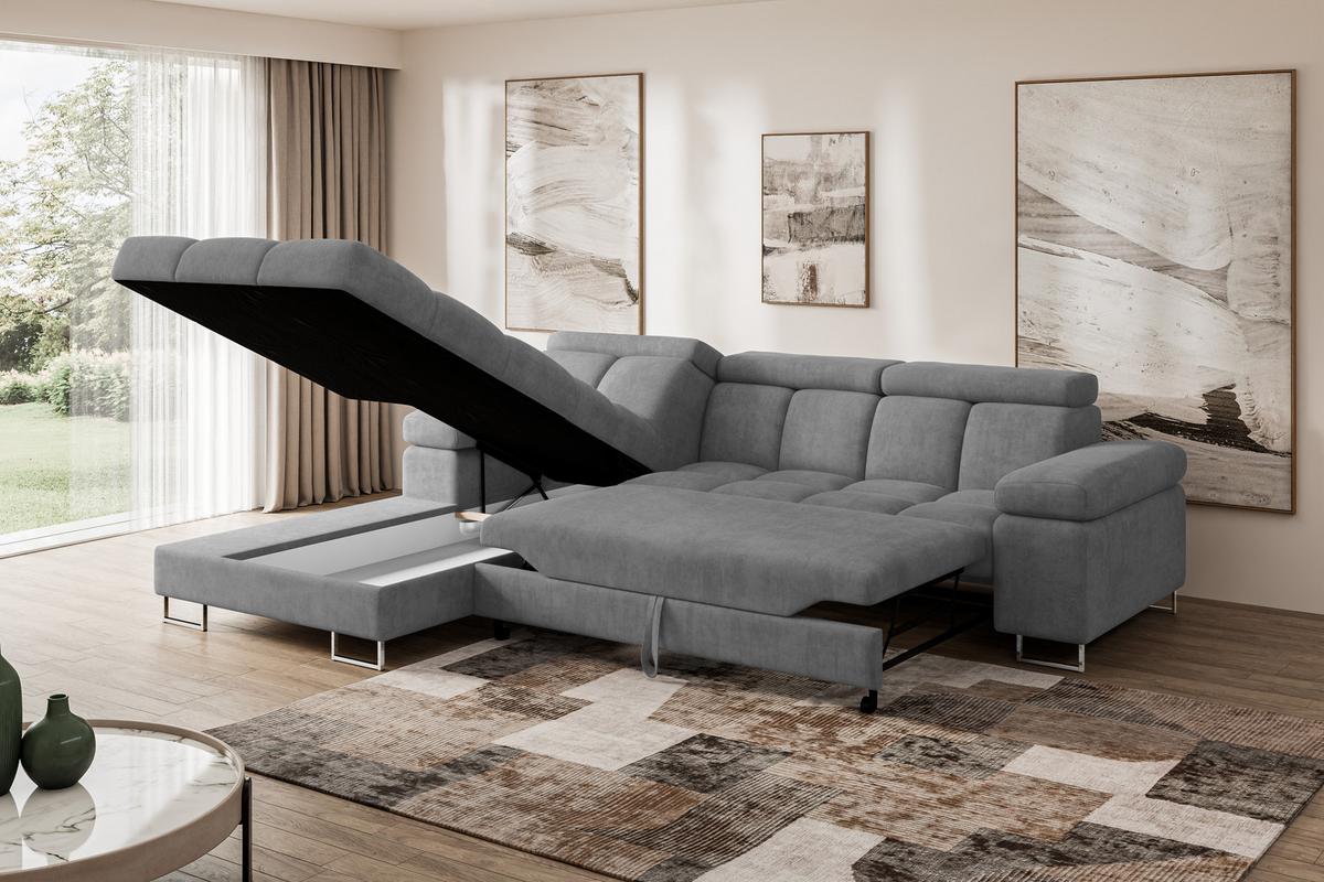 ECKSOFA mit Schlaffunktion Ottomane Links 271x203x79 Grau Velours - Grau, Holzwerkstoff/Textil (271/203cm) - ALTDECOR