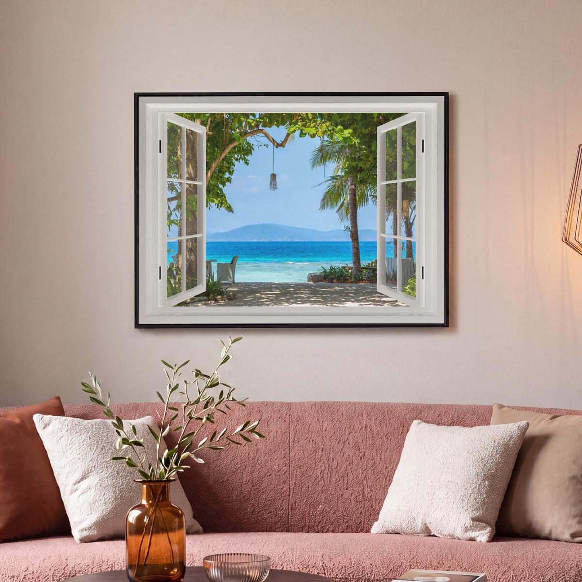 LEINWAND Bilder mit Rahmen - Aussicht - Baum - Meer - Palme - Hügel - Strand - Blau - 70x50 - Blau, Textil (70/50cm) - MuchoWow