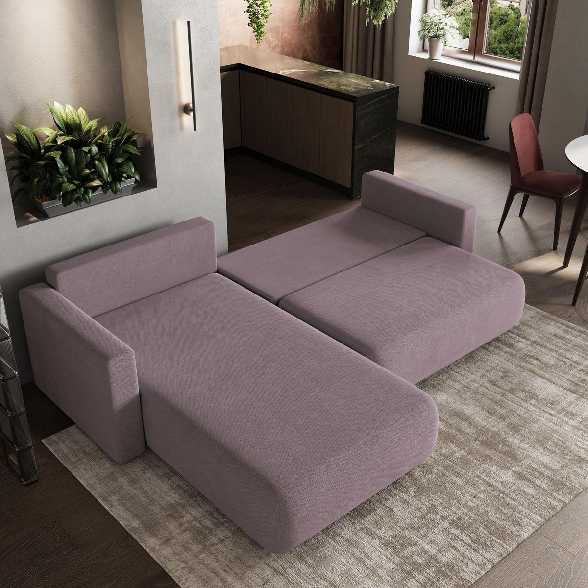 ECKSOFA TURIN Rosa Geflochtener Stoff mit Schlaffunktion - Rosa, Holz (265/183cm) - MASSENO
