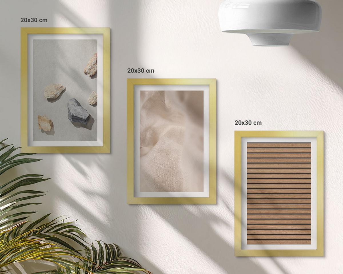 BILDER SET 3er Set - 20x30 cm Goldrahmen - Steine, Holz, Stofftexturen - Goldfarben, Kunststoff (20/30cm) - TULUP