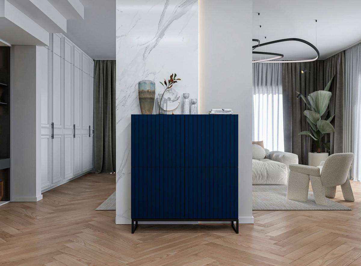 KOMMODE Elpis 4D Marineblau Matt mit metallrahmen Glamour 112 cm - Blau/Schwarz, Holzwerkstoff/Metall (112/126/36.5cm) - Meble Lindner