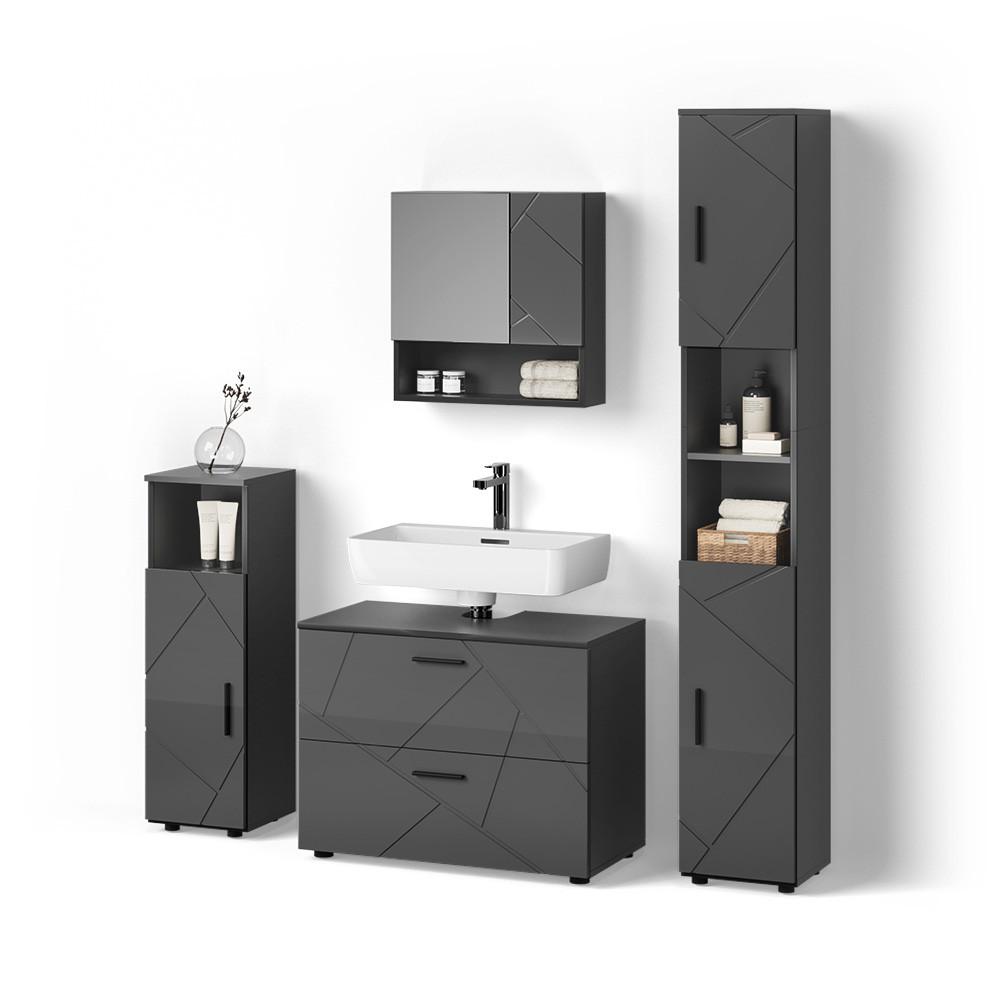 BADMÖBEL-SET Ronco Anthrazit Hochglanz 4 Teile, mit Schubladenschrank und Hochschrank - Schwarz Hochglanz, Holzwerkstoff (80/58/41cm) - Livinity®