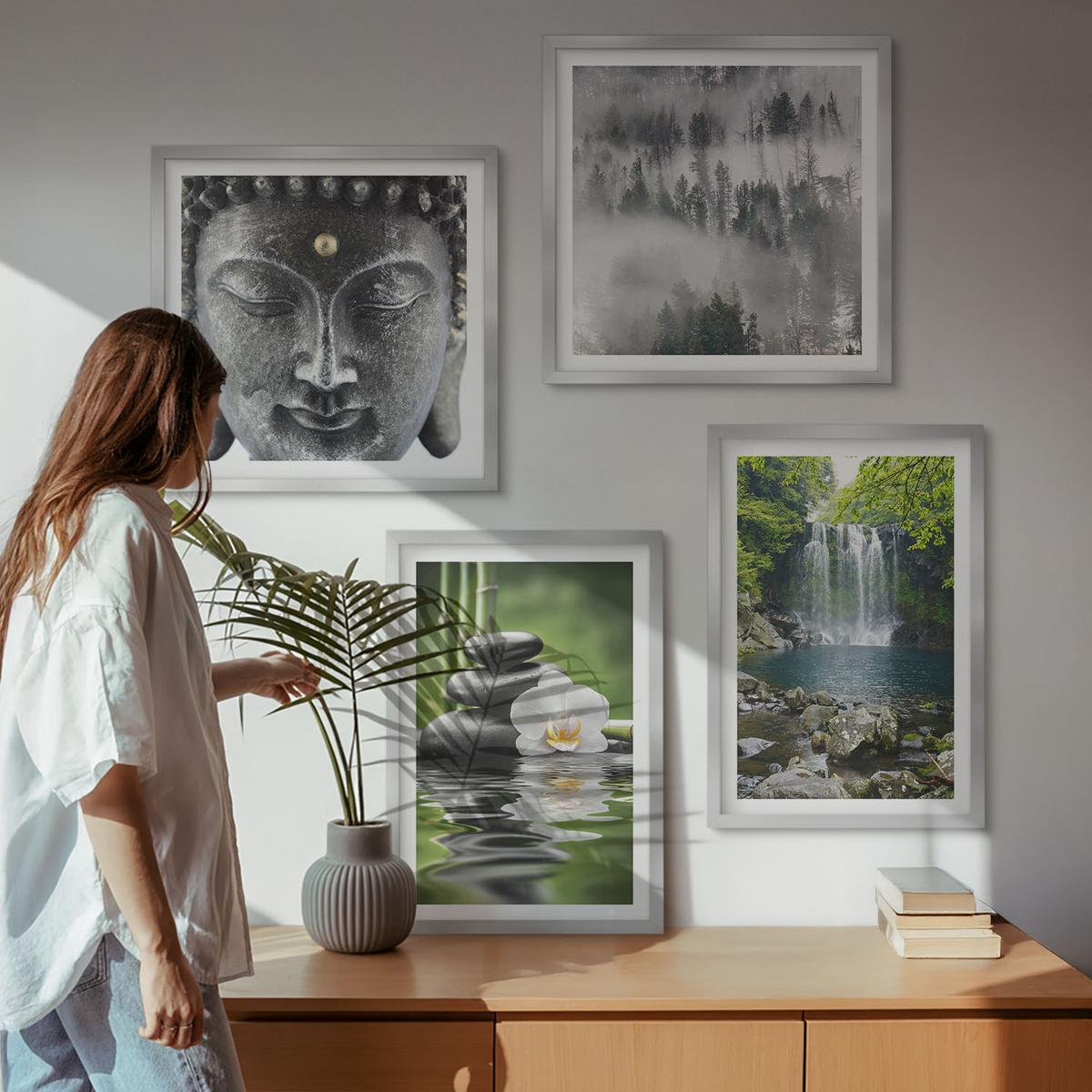 BILDER SET 4er Set - 50x50 cm & 40x60 cm Silberner Rahmen - Harmonie der Natur, Steine, Wasser, Buddha - Silberfarben, Kunststoff (50/50cm) - TULUP