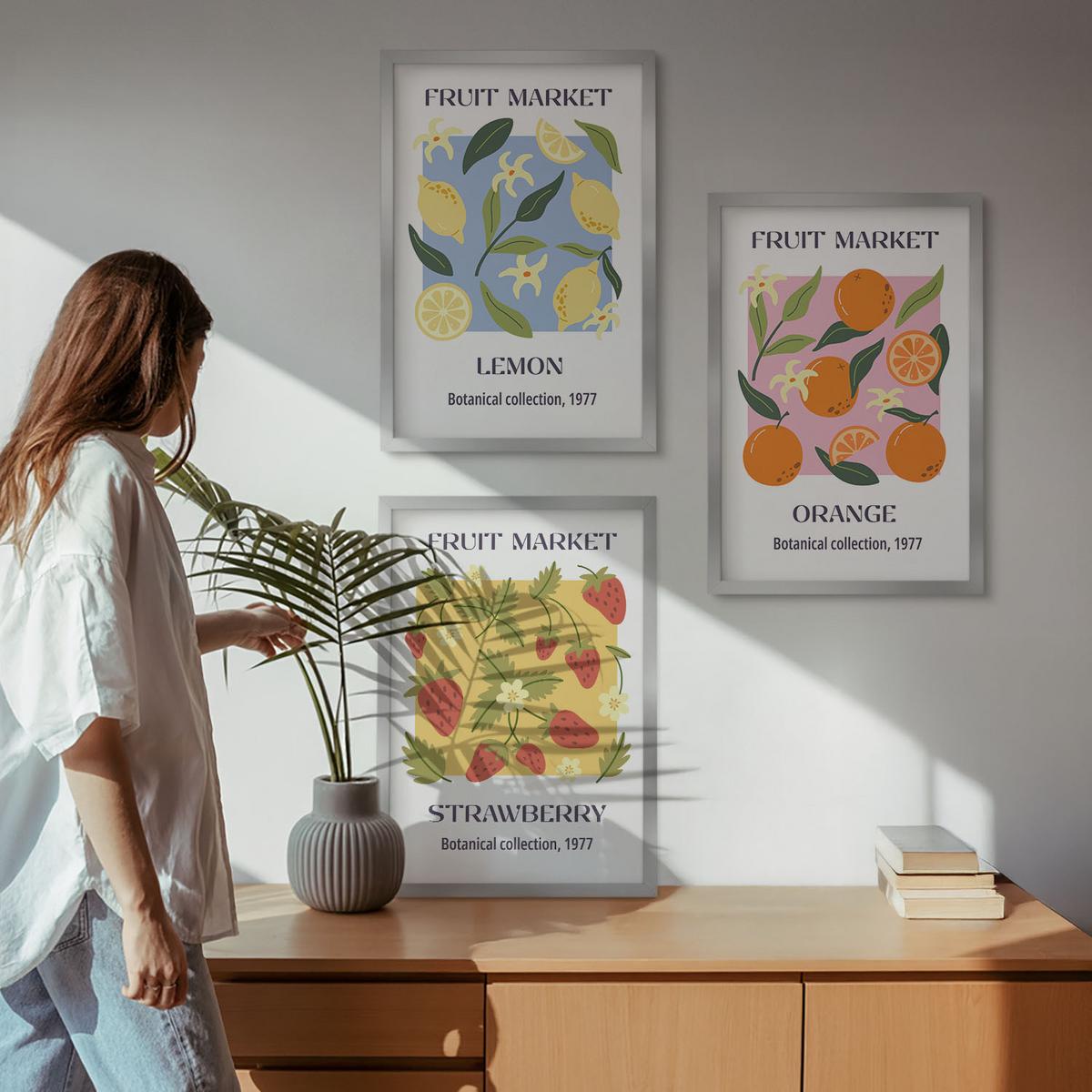 BILDER SET 3er Set - 40x60 cm Silberner Rahmen - Fruchtposter Zitronen Erdbeeren - Silberfarben, Kunststoff (40/60cm) - TULUP