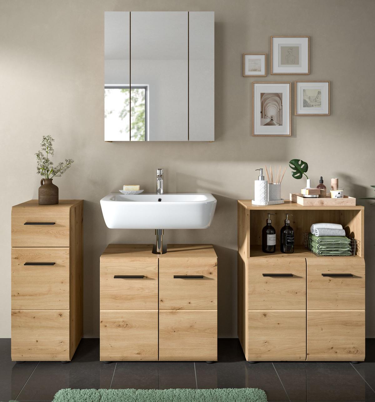 BADMÖBEL-SET 4-teilig in Eiche Artisan, Badezimmer Schrank-Set 180 x 185 cm - Schwarz/Eiche Artisan, Glas/Holzwerkstoff (180/185/30cm) - Inn.Furn