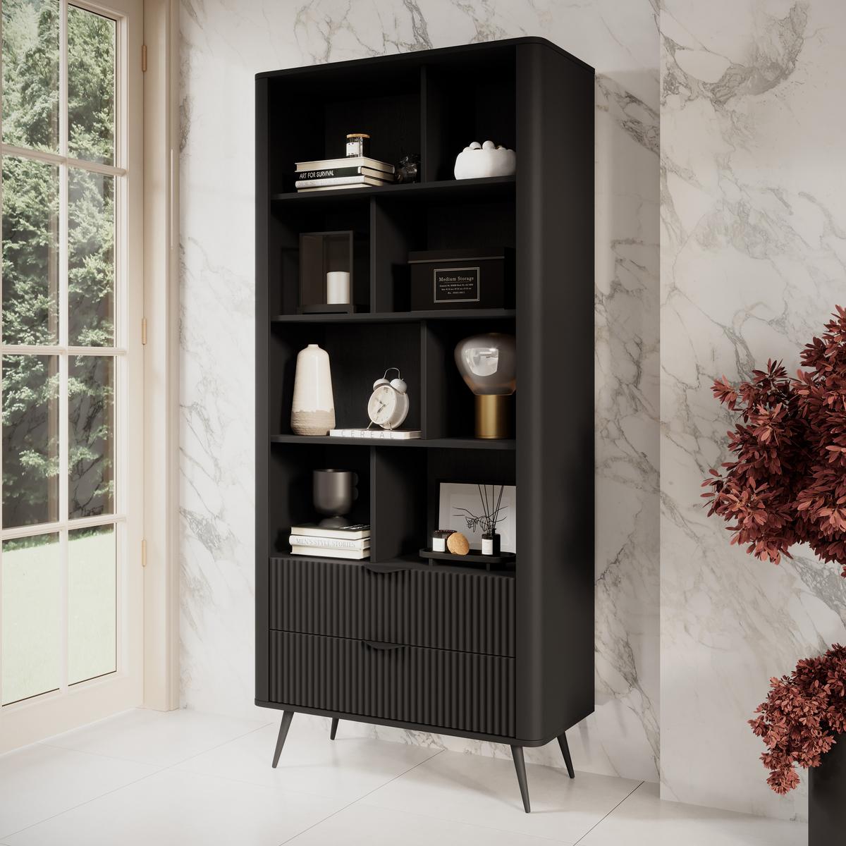REGAL Vespasia 2S Schwarz 88,2/193,8/38 cm – Geriffelten Fronten - Schwarz, Holzwerkstoff/Metall (88.2/193.8/38cm) - AX Living