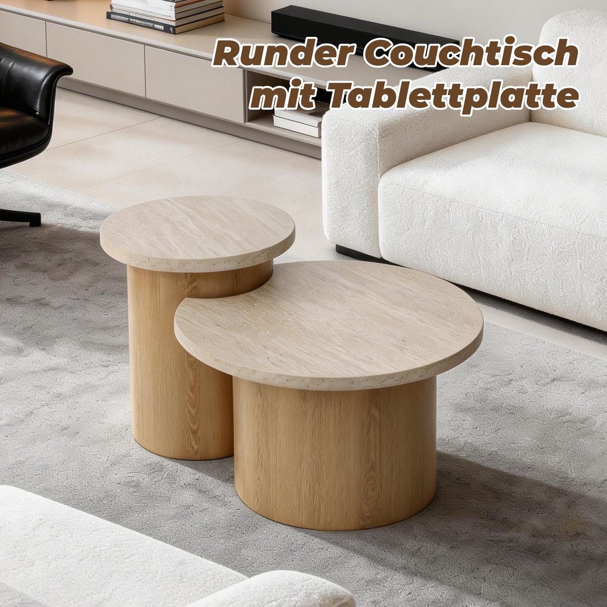 COUCHTISCH Rund 2er Set Holz mit Travertin-Optik, Ø60 & 40cm - Braun, Holzwerkstoff (60/85/47.5cm) - Hometopia