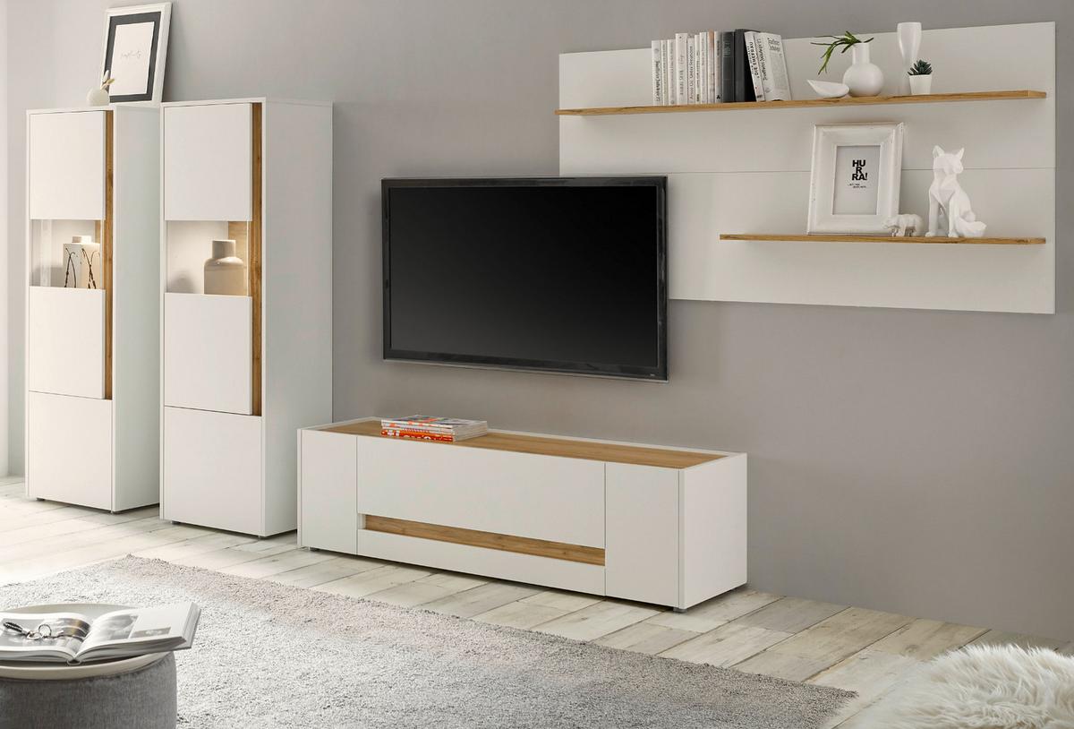 WOHNWAND 4-teilig weiß, Eiche Wotan 340 cm, Schrankwand mit 10 Fächern - Eiche Wotan/Schwarz, Glas/Holz (340/170/45cm) - Furn.Design
