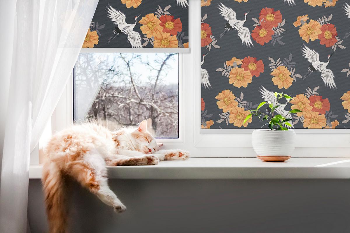 INNENROLLO - Fensterrollo - Rollo - 110x140 cm - Blumen und Kraniche - Dunkelblau, Kunststoff (110/140/0.5cm) - TULUP