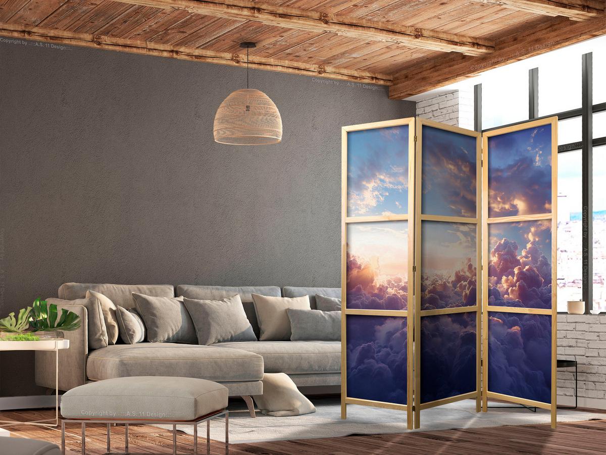 PARAVENT Japanischer 3-tlg 135x172 cm Wolken Himmel 3D - Multicolor, Holz/Textil (135/172/3cm) - Muralo