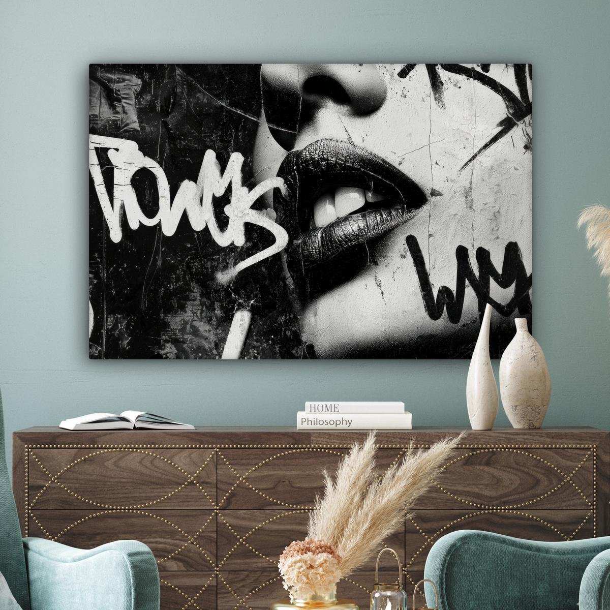 LEINWANDBILD Gesicht - Mund - Graffiti - Schwarz Wohnzimmer Groß 120x80 cm - Schwarz, Textil (120/80cm) - MuchoWow