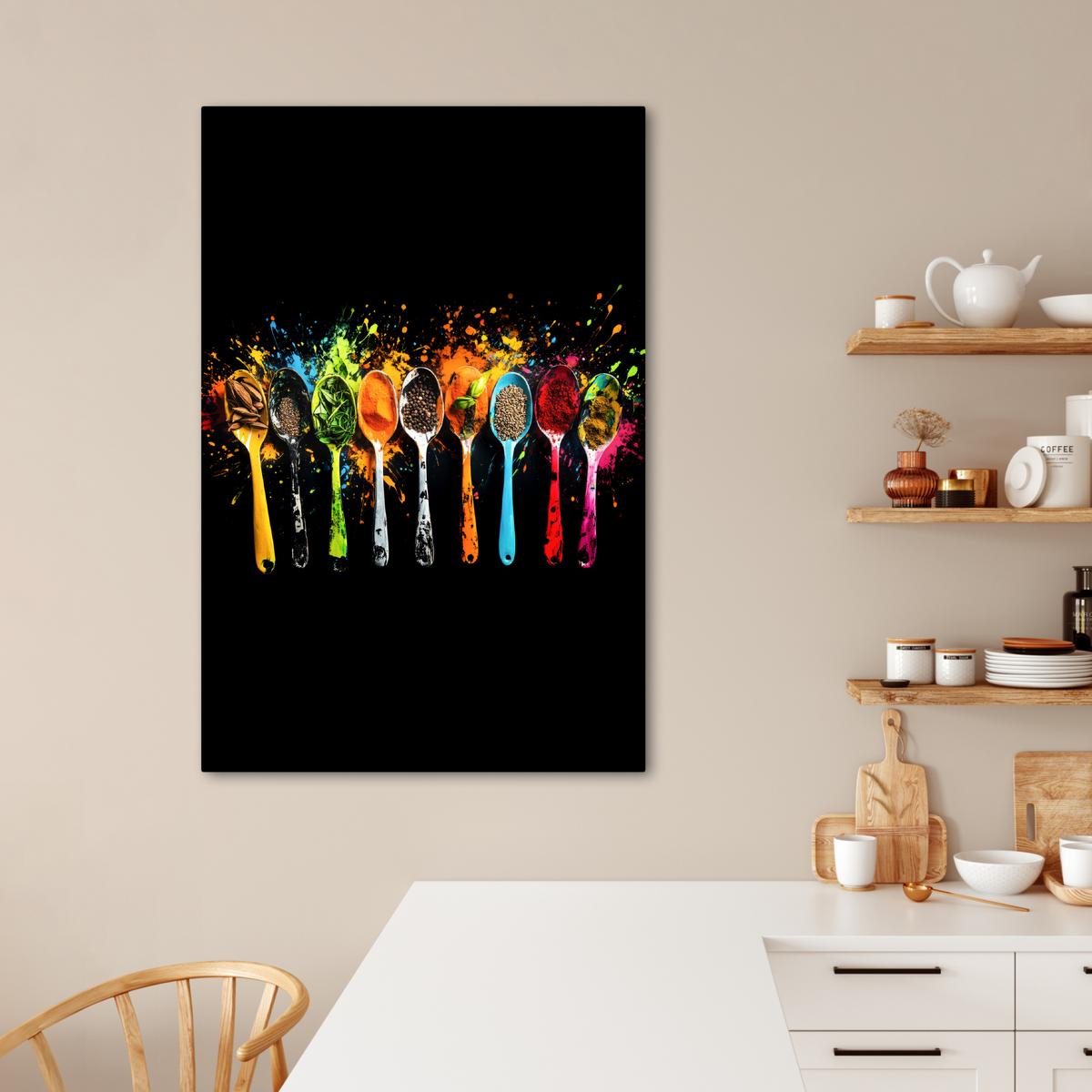 LEINWANDBILD Löffel - Gewürze - Modern - Graffiti - Farbe - Farbenfroh Deko XXL 80x120 cm - Multicolor, Textil (80/120cm) - MuchoWow