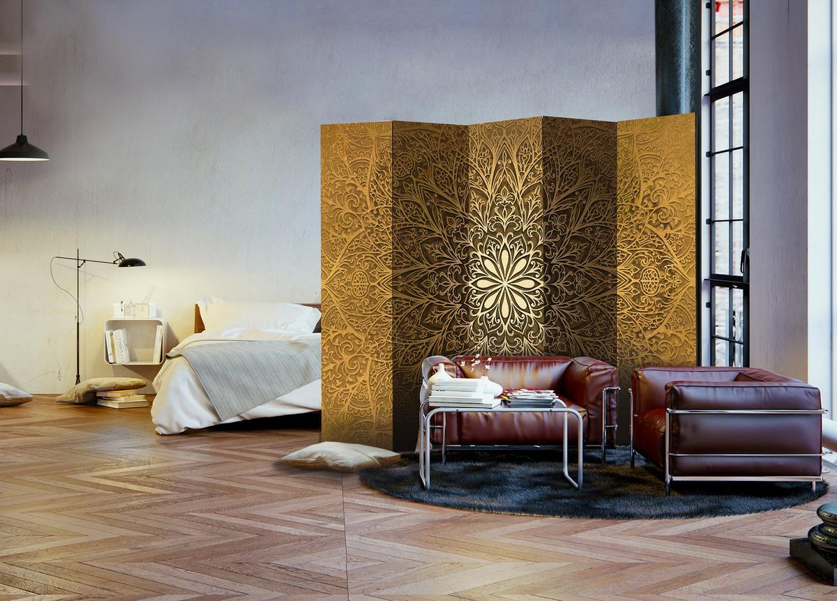 PARAVENT Einseitig Bedruckter 5-tlg 225x172 cm Mandala - Gelb, Holz/Textil (225/172/3cm) - Muralo
