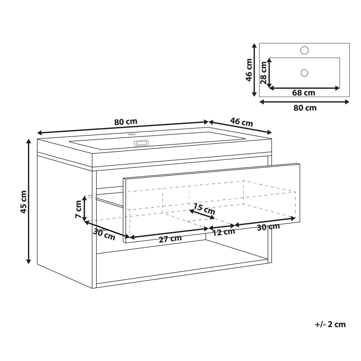 WASCHBECKENUNTERSCHRANK wandmontiertk mit Waschbecken Hellbraun Berbice - Hellbraun, Holzwerkstoff (80/45/92cm) - Beliani