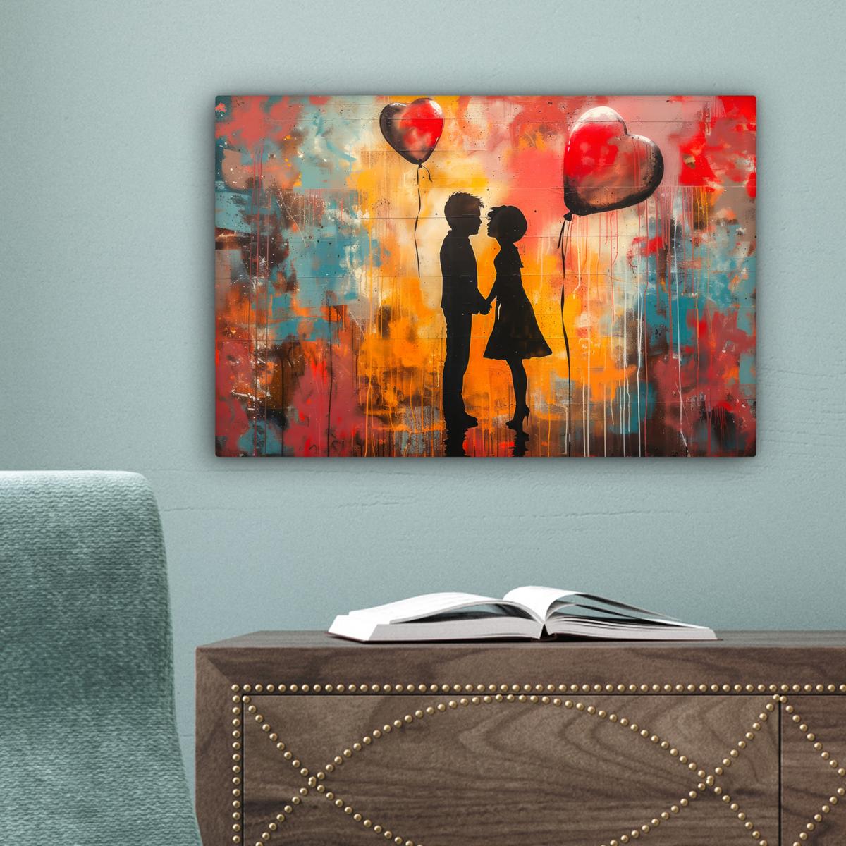 LEINWANDBILD Straßenkunst - Liebe - Graffiti - Kunst - Banksy Deko Schlafzimmer 30x20 cm - Orange, Textil (30/20cm) - MuchoWow