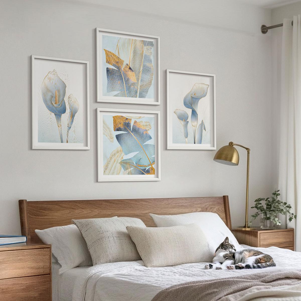 BILDER SET 4er Set - 50x50 cm & 40x60 cm Weißer Rahmen - Blaue Blumen im Hintergrund - Weiß, Kunststoff (50/50cm) - TULUP