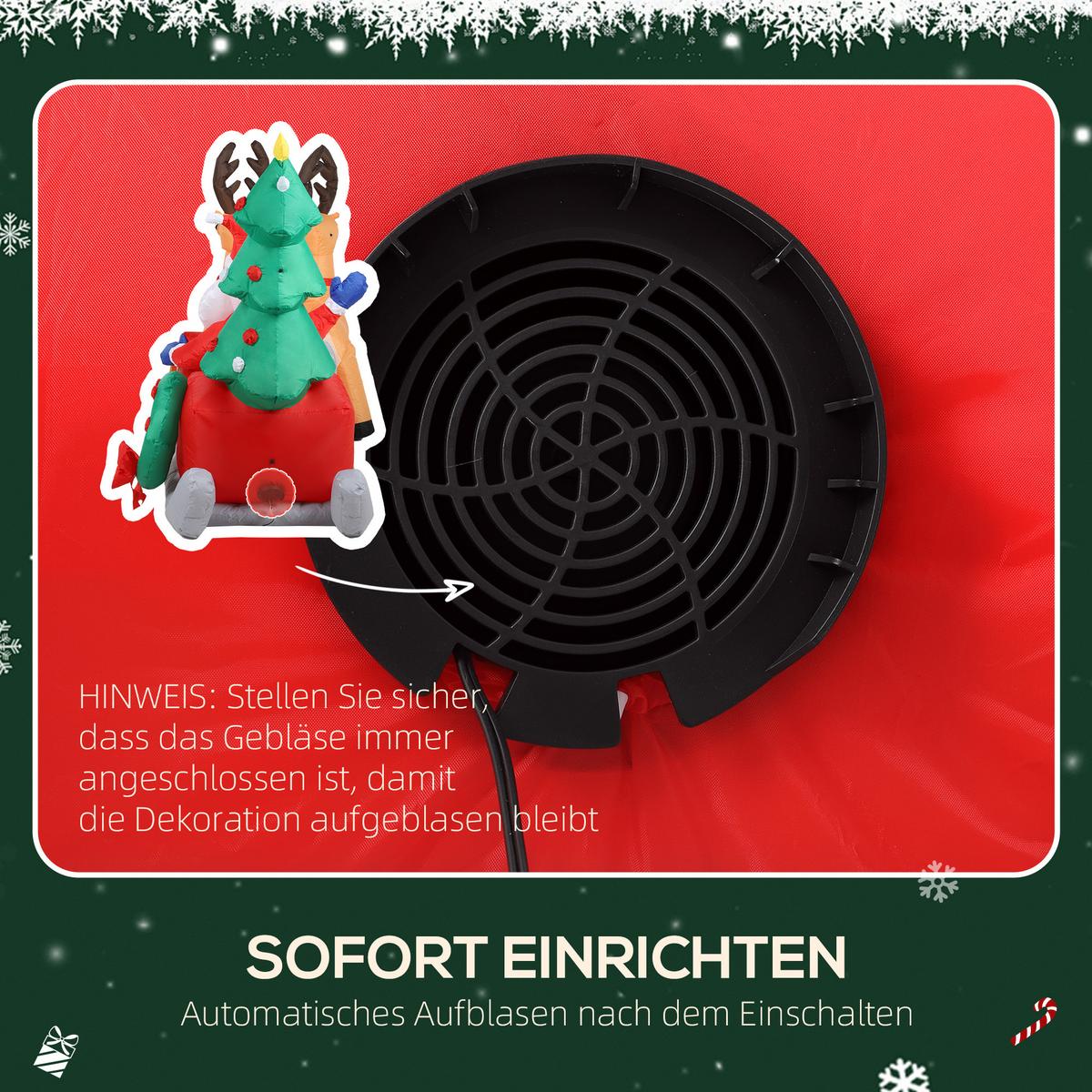 216 cm Aufblasbarer Weihnachtsmann auf Schlitten mit 2 Rentier mit LED-Lichtern - Multicolor, Textil (90/150/216cm) - Outsunny