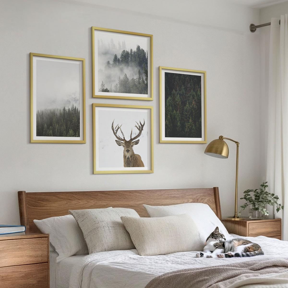 BILDER SET 4er Set - 50x50 cm & 40x60 cm Goldrahmen - Grüne Wälder, neblige Landschaft - Goldfarben, Kunststoff (50/50cm) - TULUP