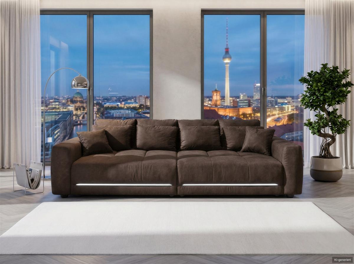BIG-SOFA Federkern B294/T136/H86 cm, RGB-LED-Beleuchtung mit Fernbedienung, Mikrofaserstoff in Braun / 15417 - Schwarz/Braun, Kunststoff/Textil (294/86/136cm) - luma-home